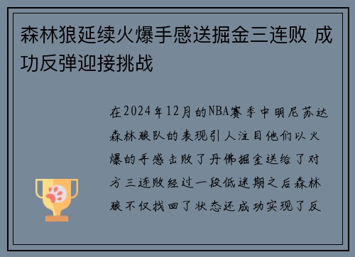森林狼延续火爆手感送掘金三连败 成功反弹迎接挑战