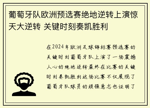 葡萄牙队欧洲预选赛绝地逆转上演惊天大逆转 关键时刻奏凯胜利