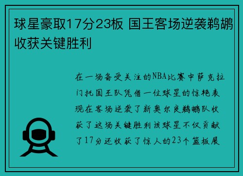 球星豪取17分23板 国王客场逆袭鹈鹕收获关键胜利