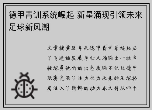 德甲青训系统崛起 新星涌现引领未来足球新风潮