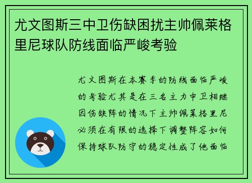 尤文图斯三中卫伤缺困扰主帅佩莱格里尼球队防线面临严峻考验