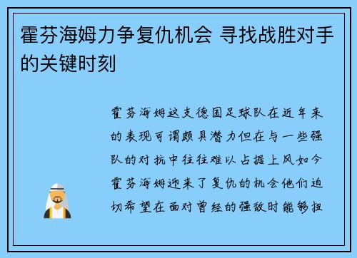 霍芬海姆力争复仇机会 寻找战胜对手的关键时刻